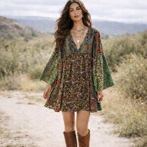 Sacred Threads Corduroy Mini Dress Flair Sleeves Mixed Pattern Bohemian Sz L/XL